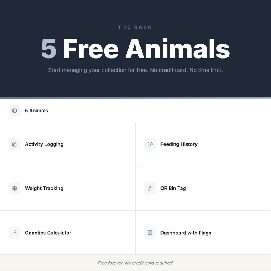 THE RACK Free Tier - 5 Free Animals with Activity Logging, Feeding History, Weight Tracking, QR Bin Tag, Genetics Calculator, Dashboard with Flags