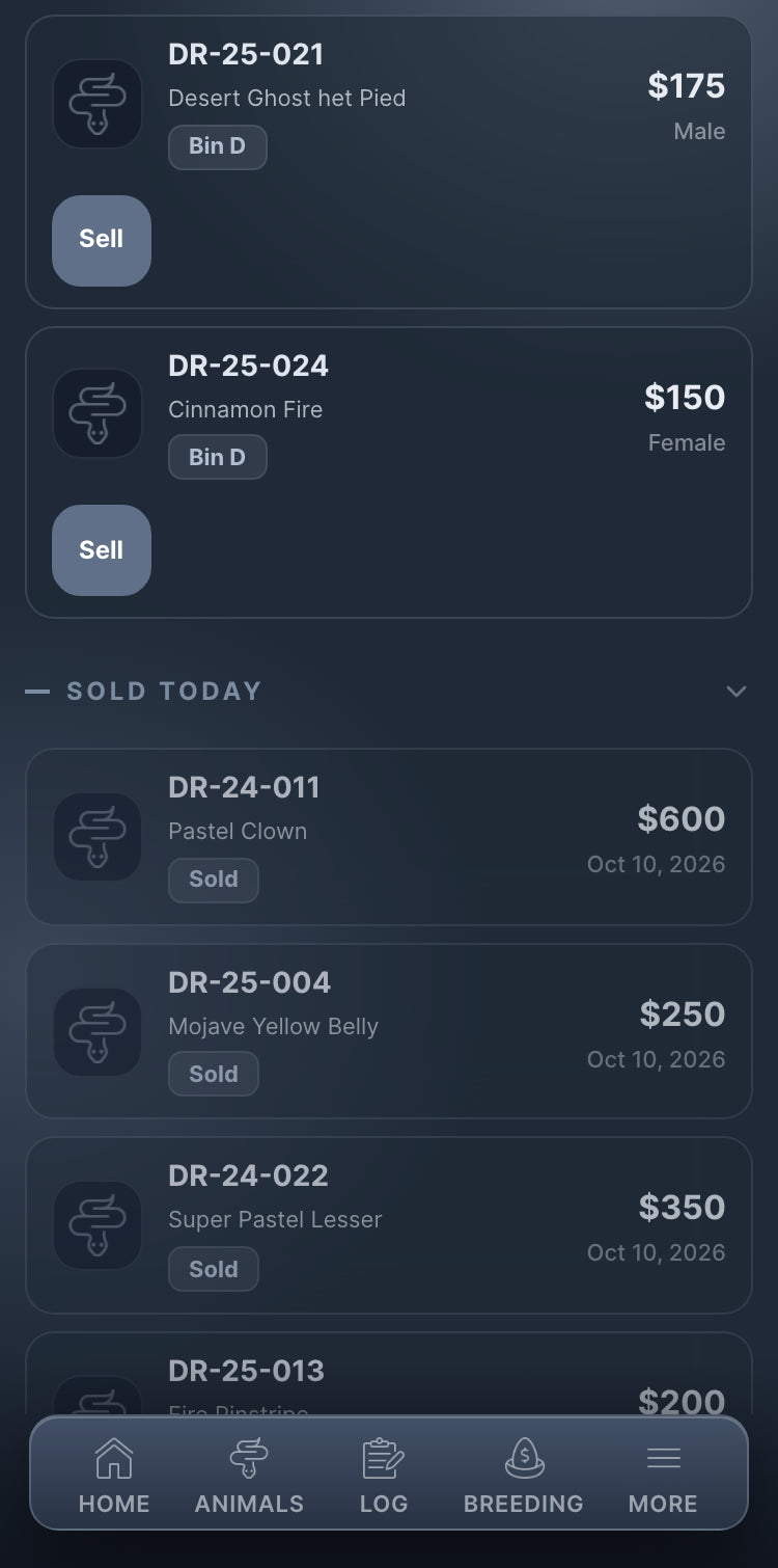 THE RACK show planner on a phone, the Live stage for the demo show NARBC Tinley on Saturday afternoon. Two animals still on the table each have a Sell button, and the animals already sold are listed below them with their prices.