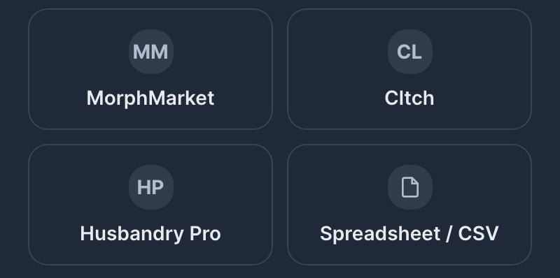 Four import source tiles in THE RACK: MorphMarket, Cltch, Husbandry Pro and Spreadsheet or CSV.
